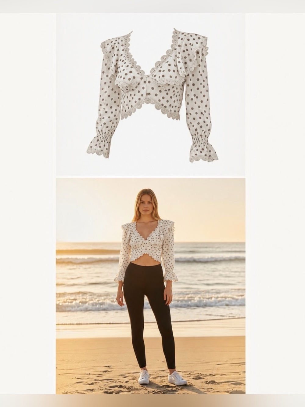 Olivaceous M Polka Dot Ruffle Lace Trim Wrap Crop Top Ivory Taupe